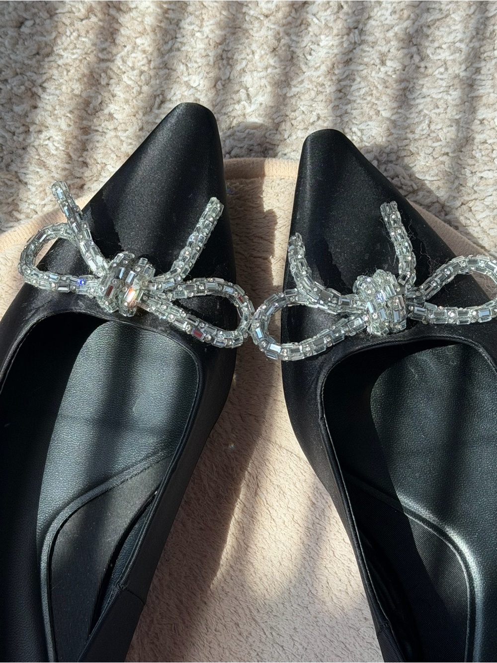 Zara Black Satin Pointed Flats with Crystal Bow Detail
